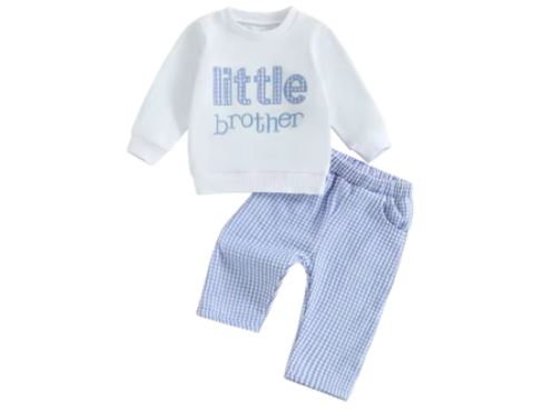 Baby Boy Little Brother Blue Check Sibling Set